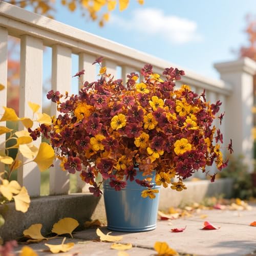 Grunyia 16 Bundles Artificial Fall Mums with Eucalyptus, Faux Daisy UV Resistant Outdoor Decor - Autumn Orange Flowers for Front Door Porch Planter, Patio, Thanksgiving Christmas (Fall Yellow&Red) - Image 5