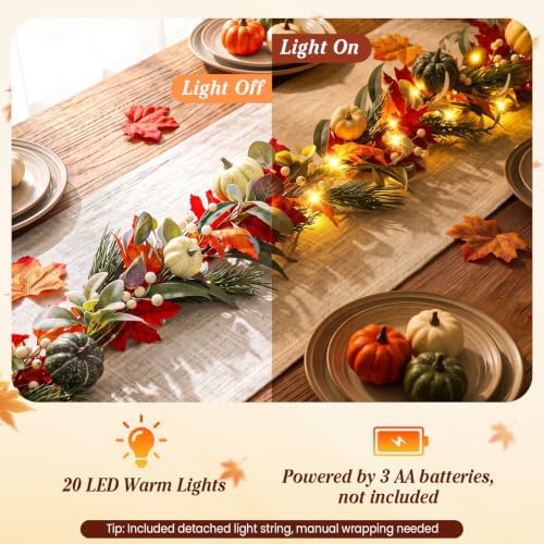 Lewondr 6ft Fall Garland with Lights for Mantel, 20 LED, Maple Leaves - Image 3
