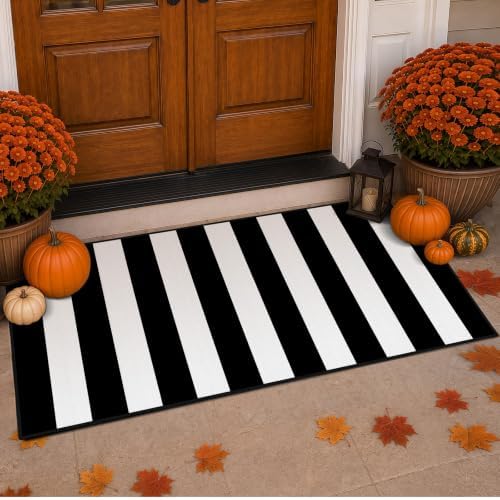 Black White Striped Entryway Rug 2 x 4.3 Ft, Front Porch Area Mat by Unknown