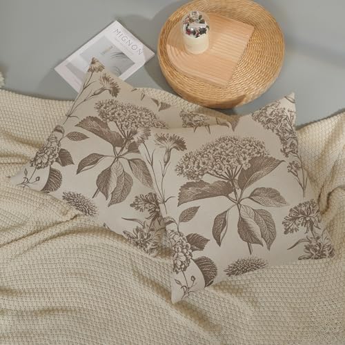Vintage Brown Pillow Covers 24x24 Inch 2 Pcs Boho Beige Floral Decor Throw Pillows Hydrangea Flower Seasonal Outdoor Farmhouse Neutral Accent Decoration Pillowcase Linen Cushion Cover for Couch - Image 5
