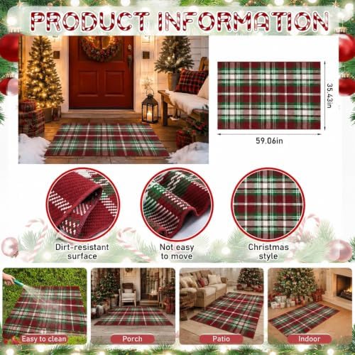 Moucuny Christmas Red Green White Brown Plaid Outdoor Rug 3' X 5' Doormat - Image 3