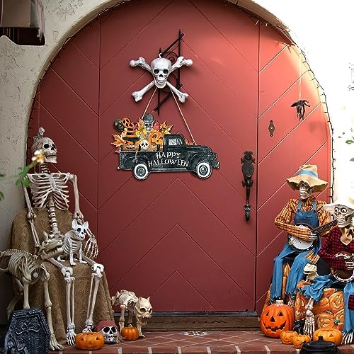 Huwena Halloween Welcome Door Sign Wood Vintage Rustic Hanging Decoration Halloween Horror Pattern Welcome Front Door Sign Wall Decoration for Indoor Outdoor Party(Truck Style) - Image 5