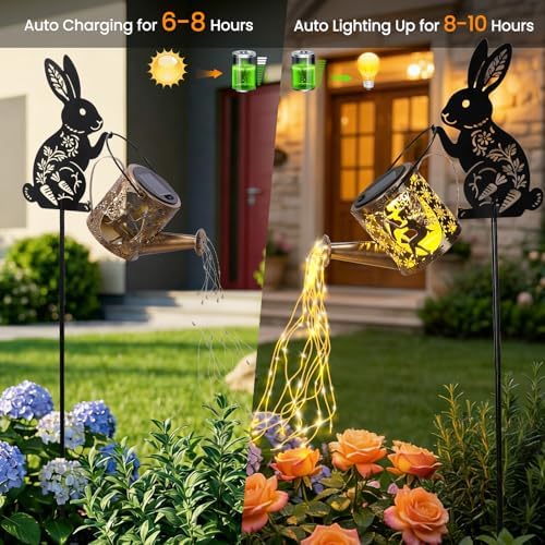 LOVERUIS Garden Statues Rabbit with Solar Watering Can Lights, Cute Outdoor Bunny Figurines Garden Decor for Patio Yard Lawn Ornaments, Unique Gift for Women Mom - Image 2