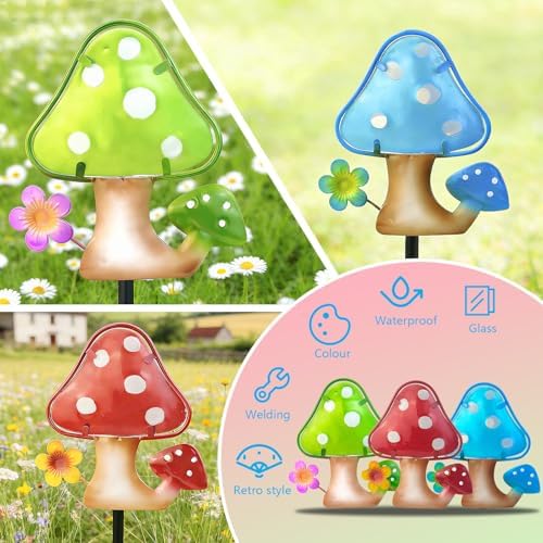 Mushroom Garden Stakes Set of 3 Metal Glass 10" Outdoor Yard Lawn Decor - Image 4