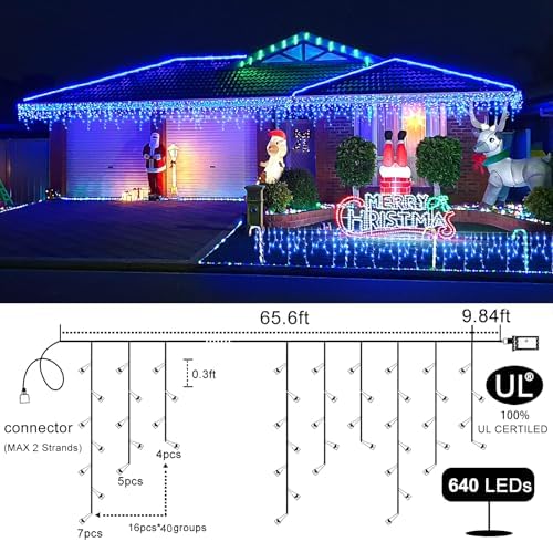 66FT Icicle Lights for Outside 640 LED Blue Christmas Lights Outdoor - Image 3