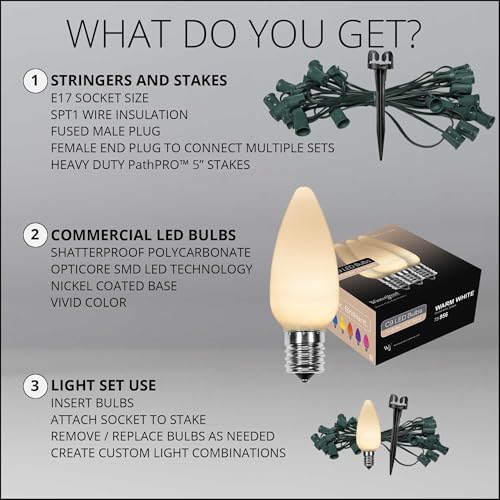 Wintergreen Lighting 25’ OptiCore LED Warm White Smooth/Opaque Pathway Christmas Lights, C9 Outdoor White Christmas Lights, 4.5” Stakes, Green Wire Plug String Lights - Image 6