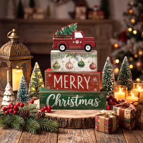 Lineshading 4 Pcs Christmas Table Decor, Red Truck Tree Block Sign Home - Image 6
