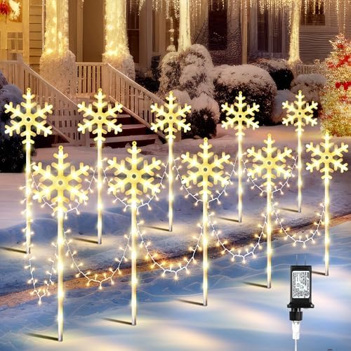 10 Pcs Christmas Snowflake Pathway Stake Lights for Outdoor Yard, 370 Bright LEDs Waterproof Large Christmas Snowflake Light Decoration for Garden Lawn Driveway Walkway Decor (Warm White) by ElectricWise