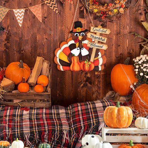 Thanksgiving Decoration Wooden Turkey Pumpkin Door Wreath for Front Door Sign Wall Signs, Thankful Blessed Grateful Pumpkin Sign Hanging for Fall Autumn Harvest Home Halloween Decoration - Image 4