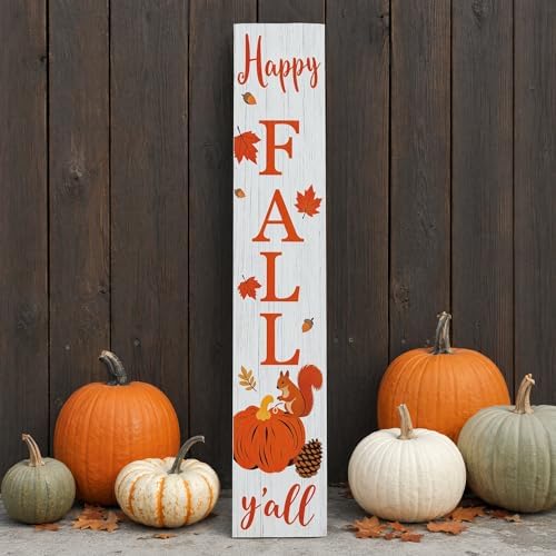 Happy Fall Y'all Vertical Standing Porch Sign - Farmhouse Fall Welcome Decor, Autumn Thanksgiving Decorative Wooden Sign with Pumpkin, Squirrel & Maple Leaves, Rustic Fall Home Decor for Front Porch - Image 6