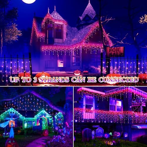 JXLEDAYY 65 FT 640 LED Halloween Lights Outdoor Decorations Clear Wire String Lights Plug in 120 Drops 8 Modes Memory Timer Curtain Fairy Lights Waterproof for Holiday Wedding Party-Orange and Purple - Image 3