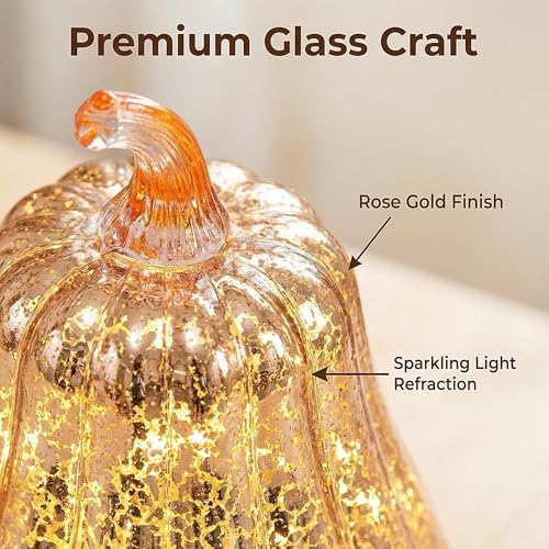 Fall Decorations for Home,Mercury Glass Pumpkin Lights with Timer(Rosegold) - Image 3
