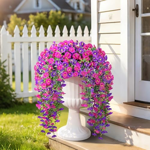 Artificial Hanging Flowers for Outdoors, 8 PCS 552 Blooms Ultra Full Morning Glory Vines, UV Resistant Faux Silk Hanging Plants for Porch Window Box Patio Garden Decor, Fuchsia & Light Purple - Image 5