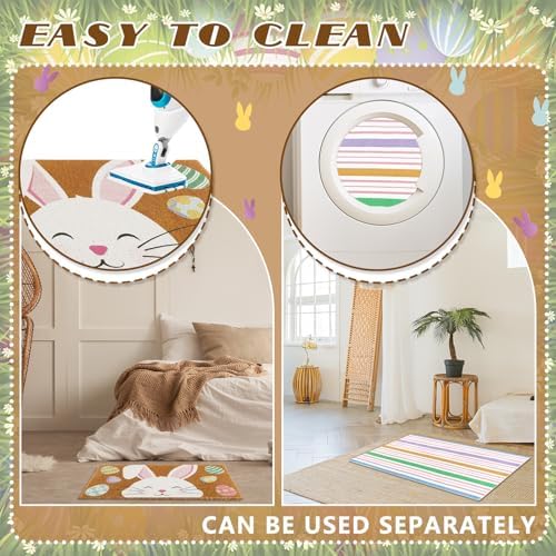 Duraaamo 2 Pcs Easter Coir Doormat Outdoor Rug Bunny Rabbits Welcome Door Mat Layered Buffalo Plaid Colorful Stripe Rug Coir Easter Mat for Outdoor Front Porch Entryway Decor - Image 6