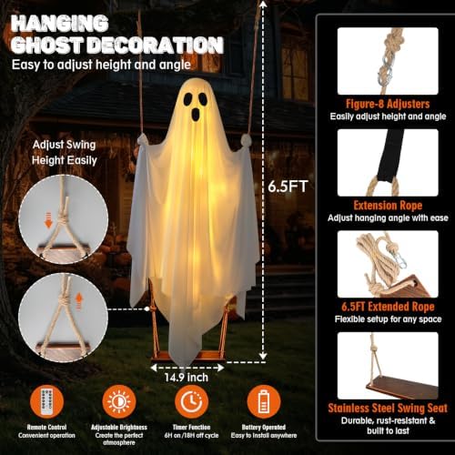 Halloween Swing Ghost Decoration, 5FT Hanging Lighted Ghost with Remote - Image 3