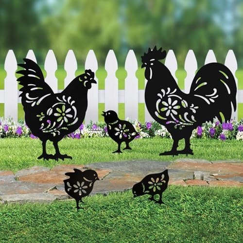 Metal Chicken Garden Decor,Black Silhouette Rooster Hen Outdoor Yard Stakes by HokfirmHomeDecorGarden
