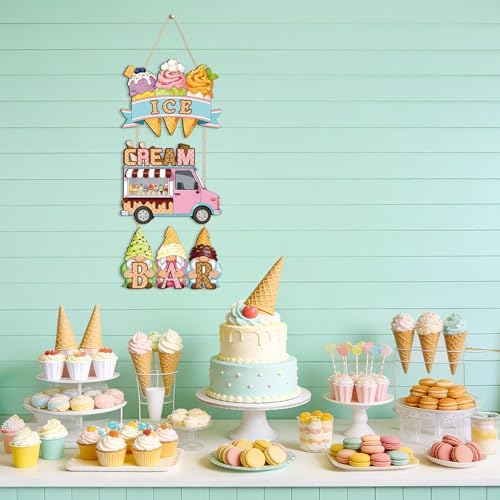 IARTTOP Summer Ice Cream Truck Hanging Sign 9.8" x 22.1" Summer Welcome Door Decor Wooden Gnome Ice Cream Bar Wall Decor Colorful Cone Door Hanger for Party Kids Room Playroom Decoration - Image 3
