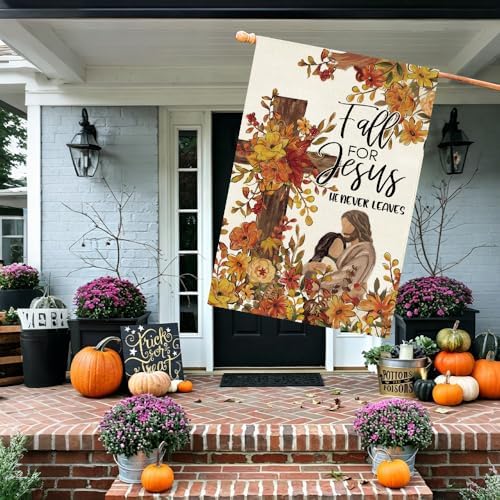Baccessor Fall For Jesus He Never Leaves House Flag 28x40 Inch Double Sided,Thanksgiving Day Autumn Cardinal and Cross Outside Outdoor Seasonal Burlap Garden Flags Home Yard Porch Patio Decoration - Image 5