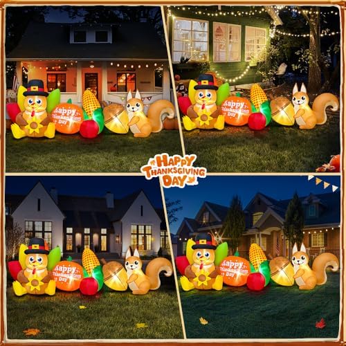 8FT Thanksgiving Inflatables Outdoor Decoration Inflatable Turkey Squirrel Pumpkin, Built in LED Lights Blow Up Yard Decorations for Fall Holiday Party Garden Lawn Décor - Image 2