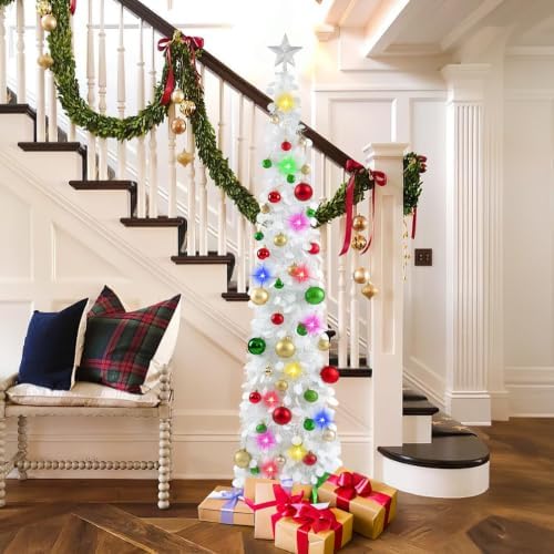 N&T NIETING Pop Up Christmas Tree with Lights & 30 Balls, 5Ft Collapsible White Tinsel Skinny Tree Decorations for Holiday Xmas Home Office Decor - Image 6