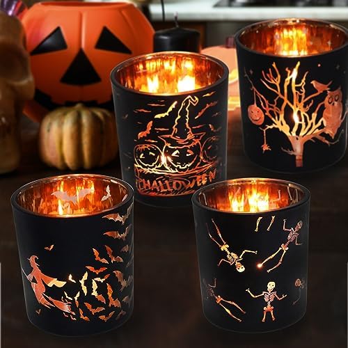 SHMILMH Halloween Glass Candle Holders Set of 4, Votive Tealight Holder Candle Jar for Making Candle, Halloween Office Kitchen Mantel Table Centerpiece Decoration - Image 3