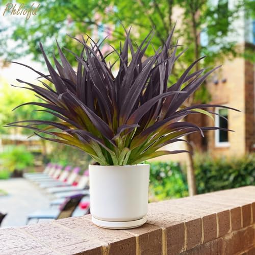 6Pcs Artificial Grass Fake Grass Plants 17.3in Outdoor Plants UV Resistant Faux Greenery Stems for Home Window Garden Office Patio Pathway Front Porch Halloween Décor Light Green & Purple - Image 2