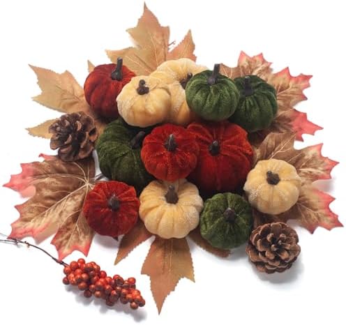 21 PCS Pumpkins Decor Set, 3 Sizes Fake Velvet Pumpkin, Dark Green Brown Gold Small Foam Pumpkins for Fall Harvest Thanksgiving Tiered Tray Centerpiece Bowl Filler Farmhouse Halloween by GHGMAO