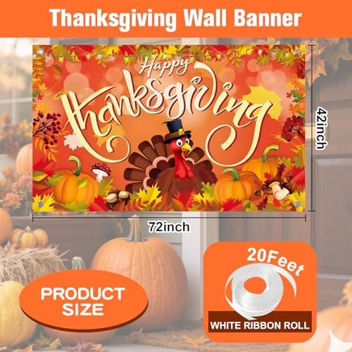 Large Happy Thanksgiving Banner Decorations - 72x44 Inch Thanksgiving Sign Outdoor with Turkey, Pumpkins and Maple Leaf for Yard, Porch, Home, Indoor Party Gifts & Photo Booth Backdrop - Image 2