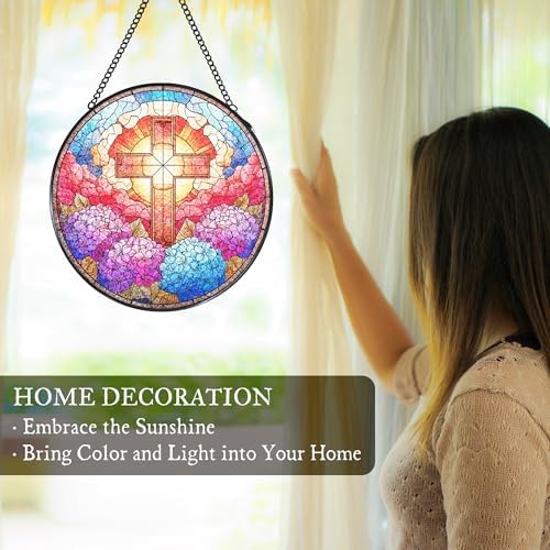 Cross Hydrangea Flower Stained Glass Window Hanging Suncatcher, Christian Cross Sun Catcher Indoor Window Decor, Christian Gifts Painted Glass Round Wall Hanging Decorations, 7.8x7.8 in - Image 3