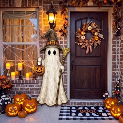 Threehoney 33" Halloween Porch Sign Ghost Witch Wooden Tall Leaner Front Door Decor Spooky Farmhouse Porch Decor for Halloween Outdoor Home Yard Party Gift by Threehoney