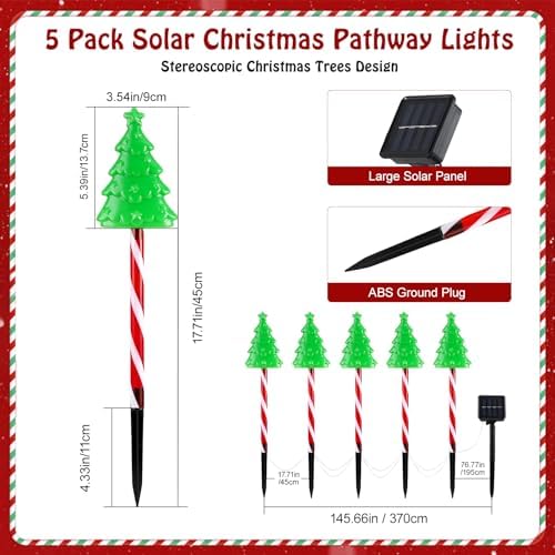 Lewondr Solar Christmas Pathway Lights, 5 PCS Solar Christmas Decorations Outdoor with 2 Lighting Modes, Xmas Tree Lights with Red Pole and Garden Stake, Waterproof Garden Lawn Patio Holiday Decor - Image 5