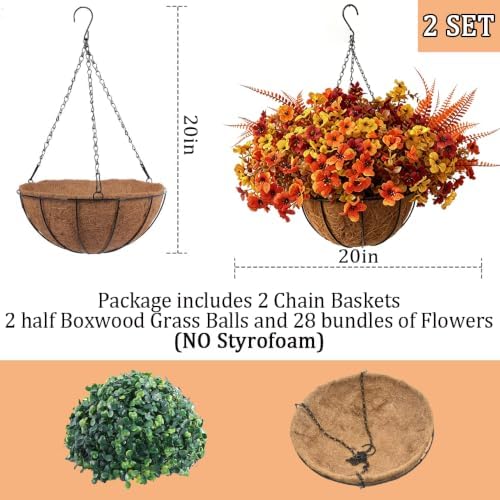 Jasion Artificial Fall Flowers Hanging Basket 2 Set Outdoor Planters - Image 2