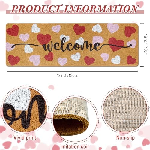 Long Doormat 48x 16 inch Front Door Mat Welcome Doormat Valentine's Day Front Door Mat Red Heart Welcome Floor Mat for Valentine's Day Front Door Outdoor Indoor Porch Entrance Decor Brown - Image 3