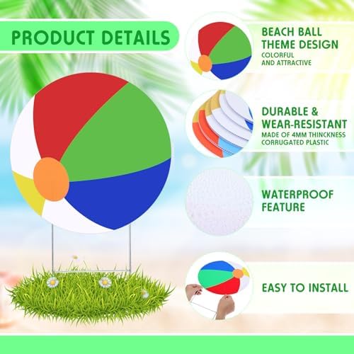 Tandefio 6 Pcs Summer Beach Balls Yard Signs with Stakes 11.8 Inch Waterproof Beach Ball Lawn Stakes Decorations for Outdoor Patio Garden Lawn Yard Party Sidewalks - Image 4