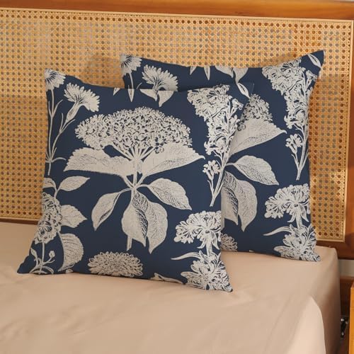 Vintage Floral Pillow Covers 18x18 Inch 2 Pcs Boho Navy Blue Hydrangea Flower Decor Throw Pillows Spring Summer Seasonal Outdoor Farmhouse Decoration Pillowcase Linen Cushion Cover for Couch - Image 2