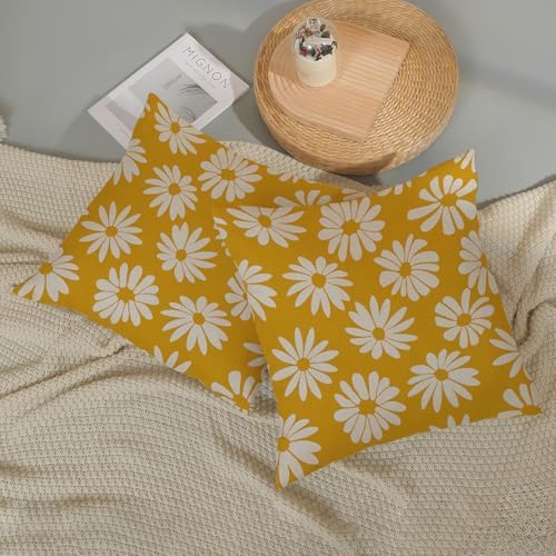 Mustard Yellow Pillow Covers 16x16 Inch 2 Pcs Daisy Floral Summer Outdoor Decor Throw Pillows Spring Flower Farmhouse Holiday Decoration Pillowcase Linen Cushion Cover for Couch Sofa Bed - Image 5