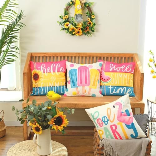 GEEORY Hello Summer Pillow Covers 18x18 Inch Set of 4, Popsicles Flamingo Swim Ring Pool Party Sweet Summer Time Farmhouse Decorative Throw Pillowcases for Home Sofa Couch Decoration G525-18 - Image 2