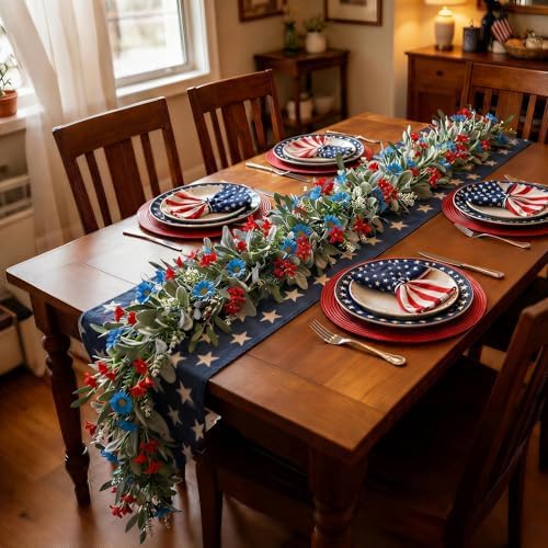 6.5 Ft Patriotic Garland Red White Blue Flowers Garland for Memorial Day Independence Day and Veterans Day 250th Anniversary Artificial Flora Decor for Fireplace Door Home Mantle Table - Image 2