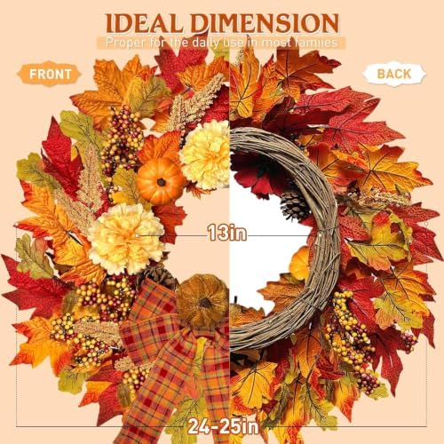 ICX 24 Inch Fall Wreaths for Front Door, Autumn Wreath with Lights and Bows - Image 2