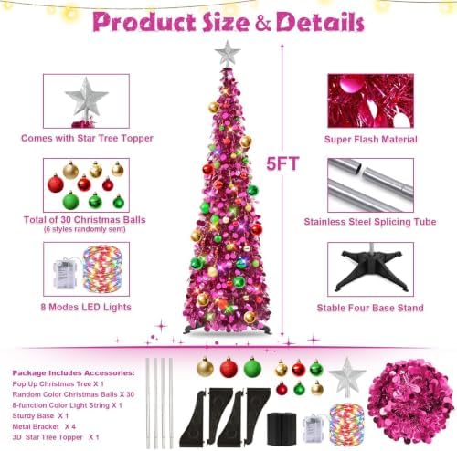 N&T NIETING Pop Up Christmas Tree with Lights & Ornaments, 5FT, Fuchsia - Image 3