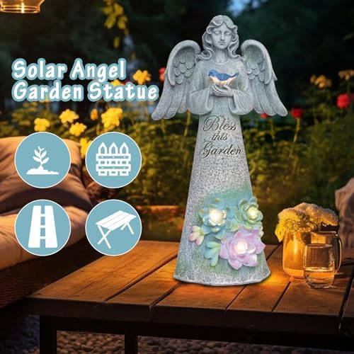 Angel Garden Statue Outdoor, Solar Angel Holding Bird with Succulent Lights - Image 5