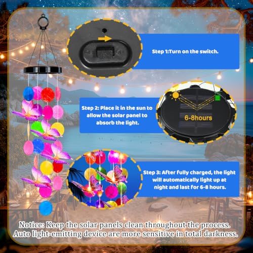 GlikCeil Solar Wind Chimes, 27.5 inch Butterfly Solar Seashell Wind Chimes, Waterproof Hanging LED Lights, Suitable for Patios, Porches, Terraces, Parties, Etc, Color-Changing Lights - Image 3