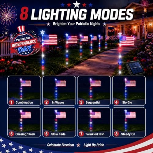 4th of July Decorations Solar American Flag Lights, 8 Pack USA Flags Garden Lights with 8 Lighting Modes, Waterproof Solar Flag Patriotic Lights for Independence Day 250th Anniversary (Blue - Flag) - Image 3