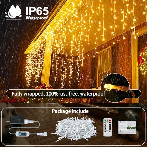 Icicle Lights for Outside, 167ft 17600 LED Icicle Christmas Lights Outdoor Waterproof, 352 Drops with Remote, 8 Modes & Dimmable, Timer for Christmas, Wedding, House, Roof Decoration, Warm White - Image 5