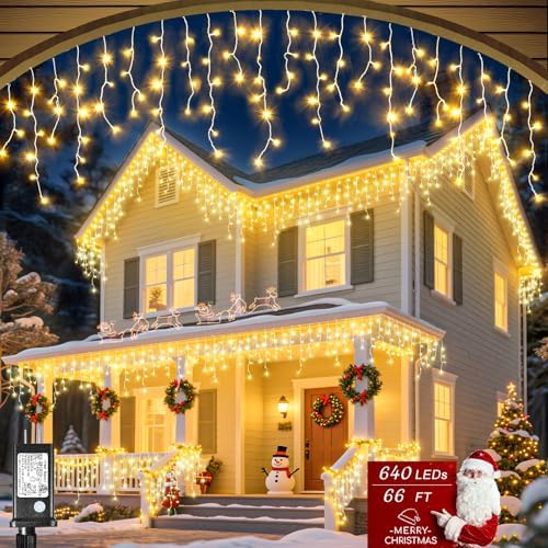 Christmas Lights Outdoor, 66ft 640 LED Icicle Lights for Outside Warm White by Vivideal