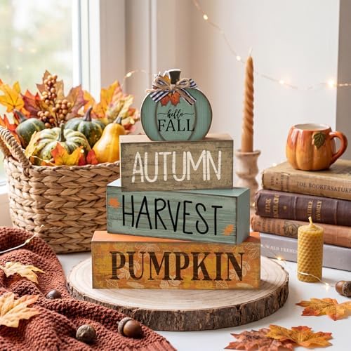 Lineshading 4 Pcs Fall Wood Block Signs Pumpkin Harvest Tiered Tray Decor - Image 2