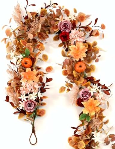 6FT Fall Garland for Mantle, Pumpkin Dahlia Garland Fall Decor - Image 2