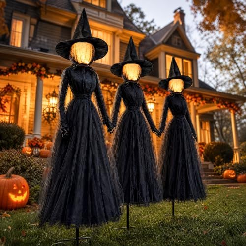 TW SHINE Halloween Witch Decorations Outdoor, 6 FT Set of 3 Holding Hands Witches Stakes with Glowing Face, Lighted Halloween Decor for Party Yard Lawn Porch Garden Haunted House Props - Image 2