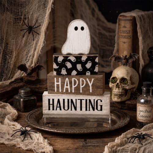Lineshading 4 Pcs Happy Haunting Wood Blocks, Halloween Farmhouse Decor - Image 3