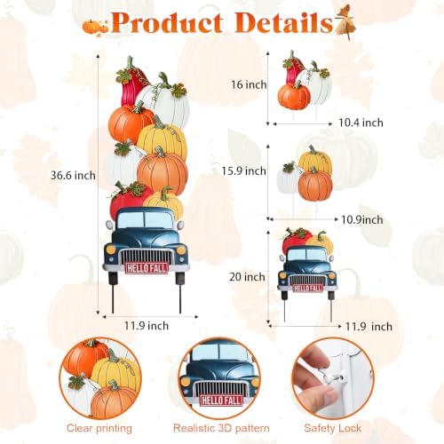 VCUTEKA Fall Outdoor Yard Sign, Stacked Pumpkin Truck Garden Stake Decor - Image 2